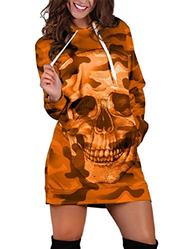 Minetom Mujer Sudaderas con Capucha Largas Casual Manga Larga Blusas Hoodies Estampado de Leopardo Camuflaje Calavera Impresión Otoño Invierno Mini Vestido B Naranja 36