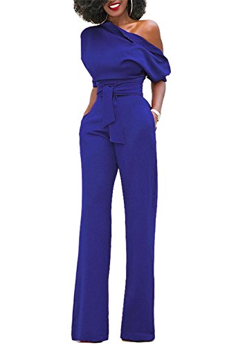 Minetom Mujer Talla Grande Jumpsuits Elegante Formal Un Hombro Sólida Mono Casual Cintura Alta Pantalones Pierna Ancha con Cinturón Marina ES 48