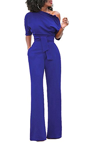 Minetom Mujer Talla Grande Jumpsuits Elegante Formal Un Hombro Sólida Mono Casual Cintura Alta Pantalones Pierna Ancha con Cinturón Marina ES 48