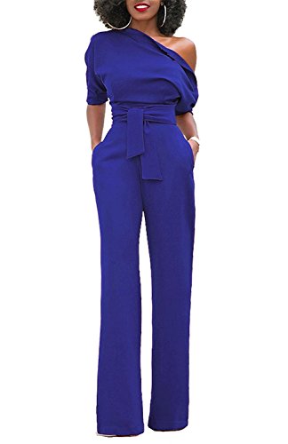 Minetom Mujer Talla Grande Jumpsuits Elegante Formal Un Hombro Sólida Mono Casual Cintura Alta Pantalones Pierna Ancha con Cinturón Marina ES 48