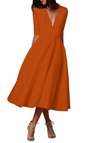 Minetom Mujer Vintage Vestidos Elegante Manga 1/2 Cuello en V Profundo Color Puro Vestir de Cóctel Fiesta Noche Midi Swing Dress Naranja ES 40