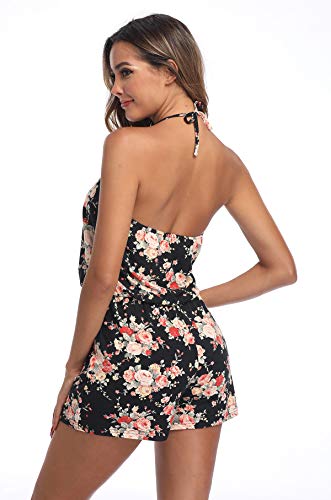 MISS MOLY Mono Mujer Traje de Verano Cuello en V Trajes de Mameluco Correa de Espagueti Sin Mangas Halterneck Jumpsuit Playsuit Estampado Floral Large