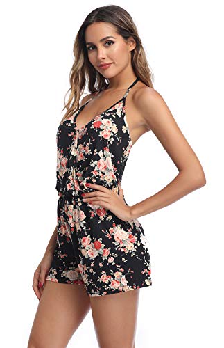 MISS MOLY Mono Mujer Traje de Verano Cuello en V Trajes de Mameluco Correa de Espagueti Sin Mangas Halterneck Jumpsuit Playsuit Estampado Floral Large