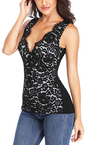 MISS MOLY Mujer Camiseta de Tirantes con Cuello en V Camisas Blusas Encaje Negro Small