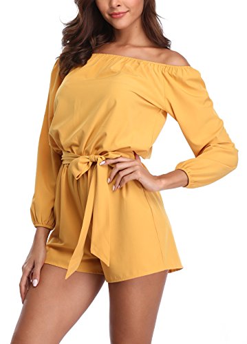 MISS MOLY Mujer Mono Elegante Cortos Verano Fuera del Hombro Casual Pantalones Ropa Vestir Cintura Alta Vendaje Ajustado Sexy Trajes Amarillo Small