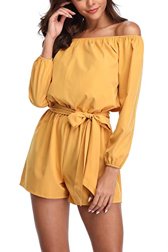 MISS MOLY Mujer Mono Elegante Cortos Verano Fuera del Hombro Casual Pantalones Ropa Vestir Cintura Alta Vendaje Ajustado Sexy Trajes Amarillo Small