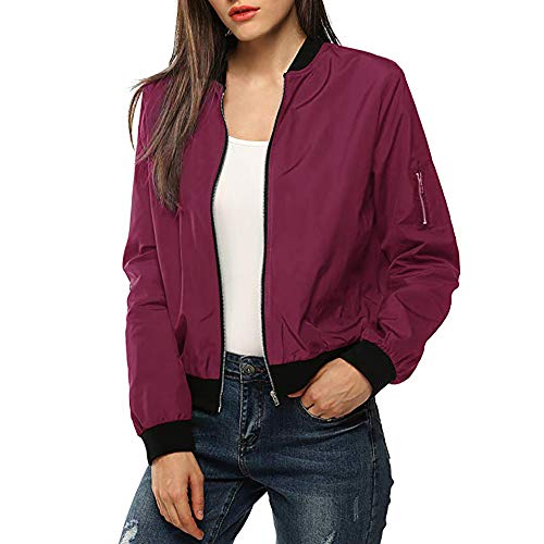 Moda Chaqueta Mujer Abrigo de Otoño Tops de Manga Larga Chaqueta de Cremallera Outwear Tops Color sólido Camiseta Slim Fit Baseball Chaqueta de Bombardero vpass