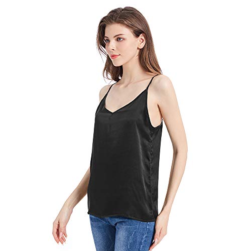 Mommesilk Top Mujer Tirantes Ajustables Camiseta Tirante para Niña Camisa Tirante Básico 100% Seda de Mora Natural de 16 Momme, Negro S