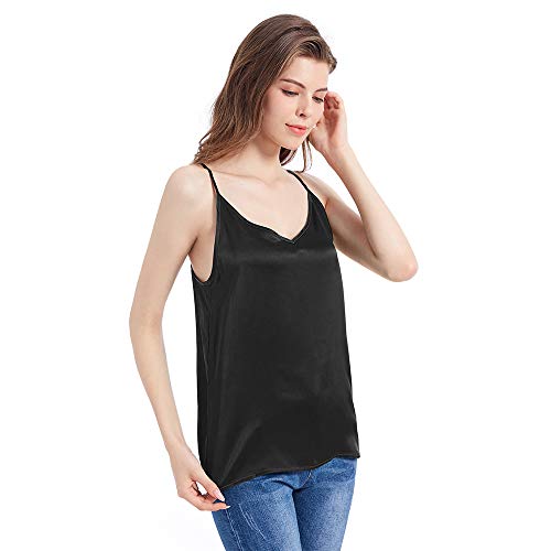 Mommesilk Top Mujer Tirantes Ajustables Camiseta Tirante para Niña Camisa Tirante Básico 100% Seda de Mora Natural de 16 Momme, Negro S