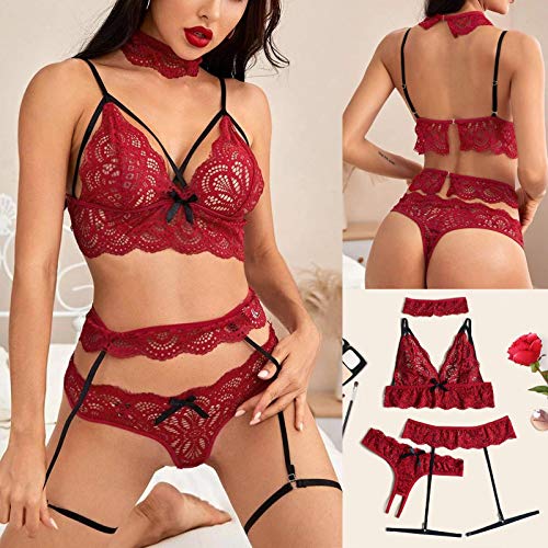 MOMOJIJI Conjunto De LenceríA De Sujetador InaláMbrico De Encaje Sexy para Mujer Tanga con Cuello De Liga Ropa De Dormir