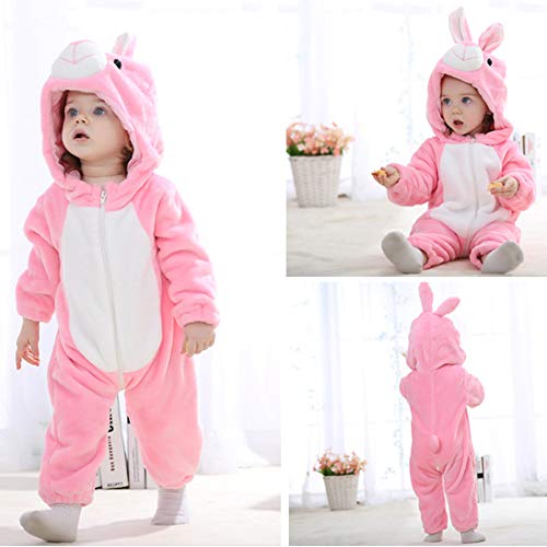 Mono Bebés, Mameluco de bebé con Capucha Franela Monos Estilo Animal Trajes Recién Nacido Unisex Primavera Otoño Invierno Trajes para bebés de 2 a 24 Meses (13-18 Meses, Conejo Rosa)