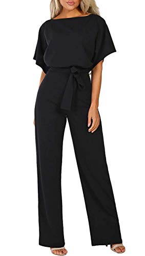 Mono Fiesta Mujer Elegante Manga Corta Mono de Pierna Recta Casual Sueltos con Cinturón Pantalones de Pierna Ancha, Negro