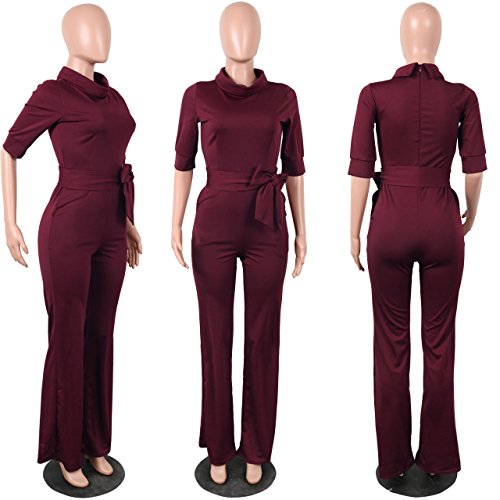 Mono Mujer Bordeaux Largo Fiesta Talla Grande 1/2 Mangas Jumpsuits Elegante Pantalones Pierna Ancha con Cinturón para Playa business oficina y Fiesta Cóctel Party Clubwear Noche L