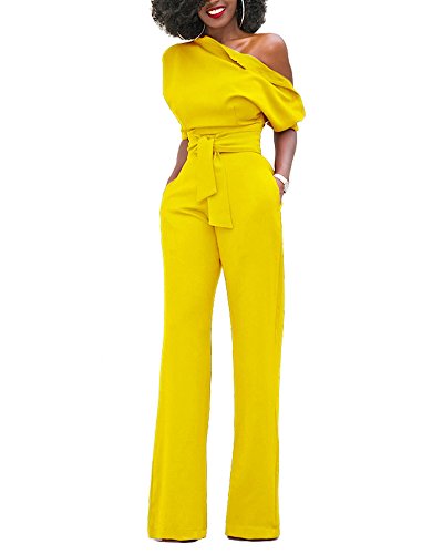 Mono Mujer Talla Grande Jumpsuits Elegante One-Hombro Pantalones Pierna Ancha con Cinturón Amarillo XXL