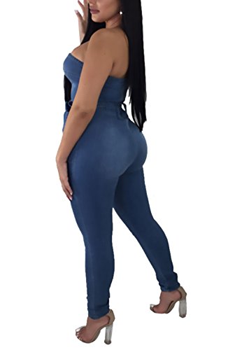 Mono Vaquero Mujer Moda Fiesta Elegantes Mono Largo Verano Tamaños Cómodos Sin Mangas Bandeau Sin Hombro Elásticos Skinny Jeans Monos De Vestir Jumpsuit Azul (Color : Azul, Size : XL)