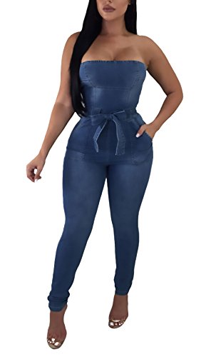 Mono Vaquero Mujer Moda Fiesta Elegantes Mono Largo Verano Tamaños Cómodos Sin Mangas Bandeau Sin Hombro Elásticos Skinny Jeans Monos De Vestir Jumpsuit Azul (Color : Azul, Size : XL)