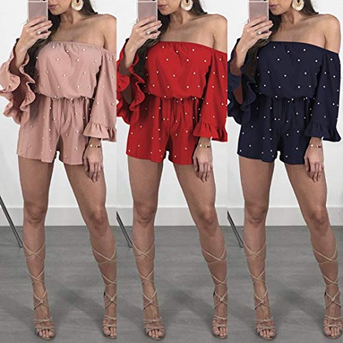 Monos Mujer Cortos Manga Simple Larga Cuello Elegantes Barco Estilo Off Shoulder Estampadas Mono Vintage Fashion Casuales Feriado Beach Overall Playsuit (Color : Rosa, One Size : S)