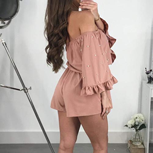 Monos Mujer Cortos Manga Simple Larga Cuello Elegantes Barco Estilo Off Shoulder Estampadas Mono Vintage Fashion Casuales Feriado Beach Overall Playsuit (Color : Rosa, One Size : S)