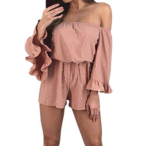 Monos Mujer Cortos Manga Simple Larga Cuello Elegantes Barco Estilo Off Shoulder Estampadas Mono Vintage Fashion Casuales Feriado Beach Overall Playsuit (Color : Rosa, One Size : S)