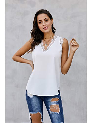 Mosucoirl Camisa sin Mangas con Cuello en V y Encaje con Cuello en V Camisa Informal sin Mangas Camisa Blusa Ligera Sexy Tank Top (Blanco, S)