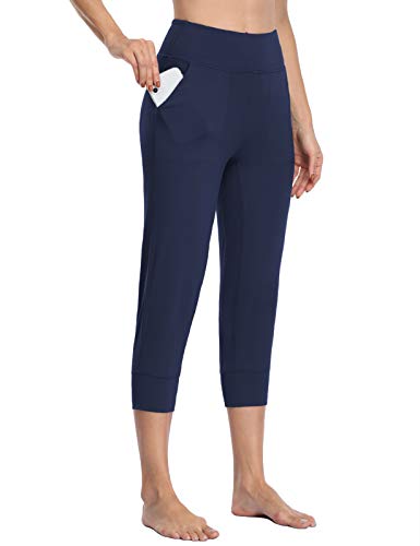 MOVE BEYOND Pantalones Piratas Capris de Deporte para Mujer con 4 Bolsillos Cintura Alta Jogger de Gimnasia Yoga, Azul, S