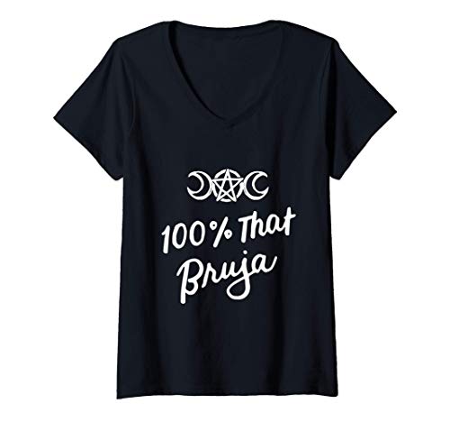 Mujer 100 Por Ciento Que Bruja Loca Bruja Hispana Halloween Camiseta Cuello V