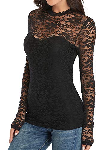 Mujer Camisa de Cuello Alto Elegante con Bordado y Encajes Blusa Manga Larga Pullover Top