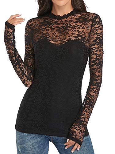 Mujer Camisa de Cuello Alto Elegante con Bordado y Encajes Blusa Manga Larga Pullover Top