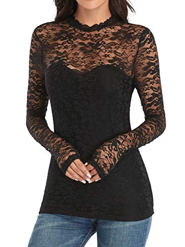 Mujer Camisa de Cuello Alto Elegante con Bordado y Encajes Blusa Manga Larga Pullover Top