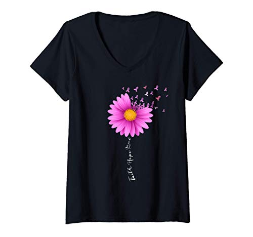 Mujer Cáncer de mama Flor de cinta rosa Fe Esperanza Amor Camiseta Cuello V