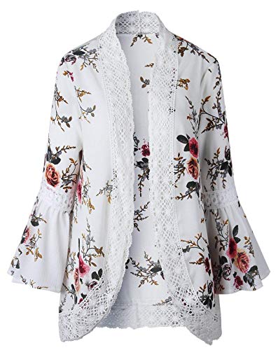 Mujer Cardigan Verano Elegantes Floreadas Kimono Moda Vintage Casuales Fiesta Abrigos Clásico Mangas De Murciélago Splice Encaje Hueco Tunicas Chaqueta Mujeres (Color : Blanco, Size : M)