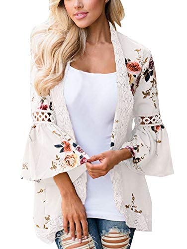 Mujer Cardigan Verano Elegantes Floreadas Kimono Moda Vintage Casuales Fiesta Abrigos Clásico Mangas De Murciélago Splice Encaje Hueco Tunicas Chaqueta Mujeres (Color : Blanco, Size : M)