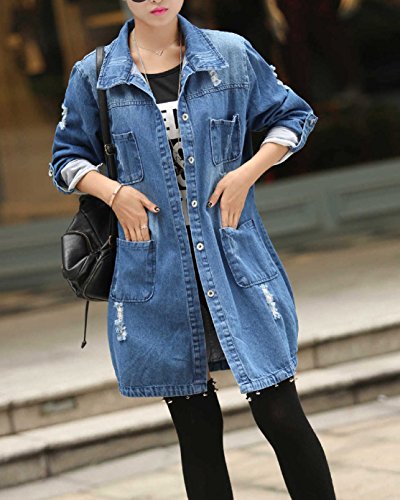 Mujer Chaqueta de Mezclilla Denim Jacket Suelto Manga Larga Chaqueta Otoño Jeans Larga Cárdigan Azul 2XL