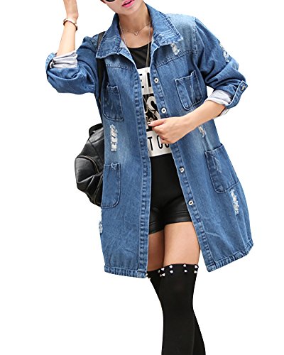 Mujer Chaqueta de Mezclilla Denim Jacket Suelto Manga Larga Chaqueta Otoño Jeans Larga Cárdigan Azul 2XL