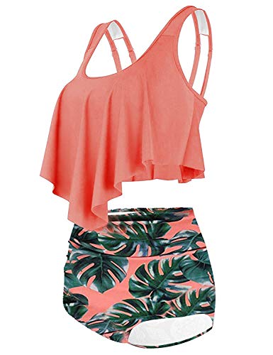 Mujer Conjunto Bikini Braga Alta De Frill Talla Grande Sexy Traje De Baño con Volantes Flores Naranja XXL