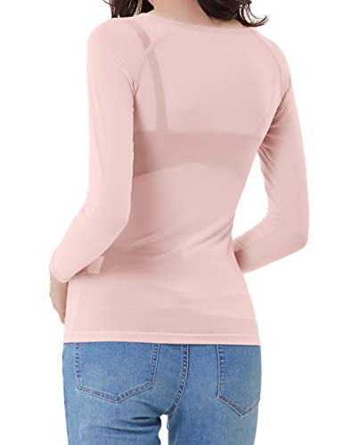 Mujer Elegante Camiseta Transparente Camisa de Manga Larga Cuello Redondo de Malla Slim fit Rosa S CL011046-6