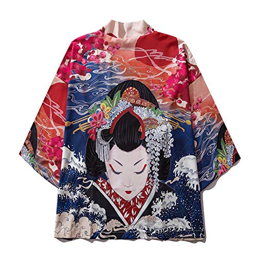 Mujer Japonés Kimono Chaqueta,Kimono Haori Estilo Japonés Camisa Talla Grande con Estampado Manga Tres Cuartos Pijamas Sueltos Chaqueta Interior para Hombres Y Mujeres,Red-Blue-XXL