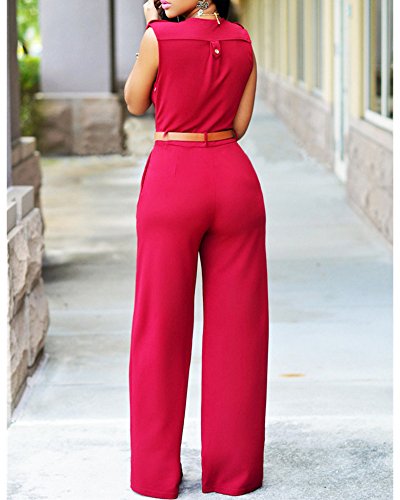 Mujer Jumpsuits Cuello En V Sin Mangas Botón Largo Mono Pantalones Romper Partido con Cinturón Rojo 2XL