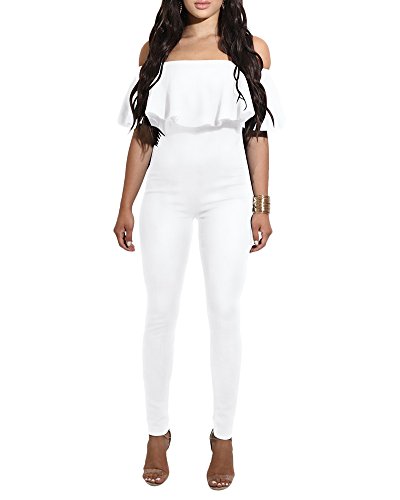 Mujer Mono Jumpsuits Elegante Fuera del Hombro Bodysuit Pantalones Largos Blanco S