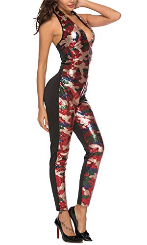 Mujer Mono Jumpsuits Sin Espalda Elegant Camuflaje Playsuit Slim Fit Rompers de Lentejuelas Rojo L