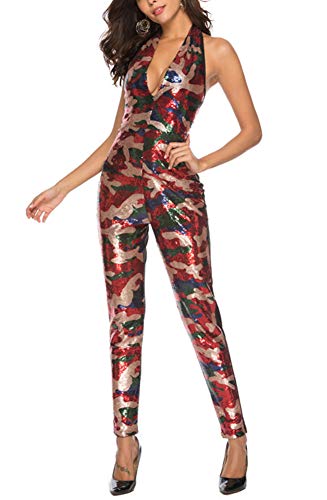 Mujer Mono Jumpsuits Sin Espalda Elegant Camuflaje Playsuit Slim Fit Rompers de Lentejuelas Rojo XL