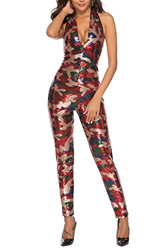 Mujer Mono Jumpsuits Sin Espalda Elegant Camuflaje Playsuit Slim Fit Rompers de Lentejuelas Rojo XL