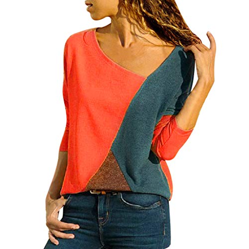 Mujer Polyester Ajustado Blusa Moda Patchwork Casual para Mujer Color Block O-Neck Manga Larga Camiseta Tops Otoño e Invierno riou (9-Red, M)