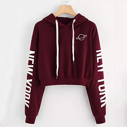 Mujer Sudaderas Cortas, K-Youth Mujer Sudaderas con Capucha Manga Larga Sudaderas Tumblr Mujer Cortas Letras Planeta Blusa Tops 2018 Otoño Invierno Hoodie Sweatshirt Chicas(Vino Rojo, S)