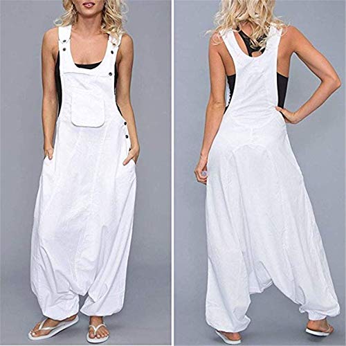 Mujer Verano Peto de Pantalones, Morbuy Moda Talla Grande Casual Largos Ancho Baggy Harem Mono Suelto Bolsillos Overoles Jumpsuit Tirantes Playa Fiesta Noche Oficina Embarazados (L,Blanco)