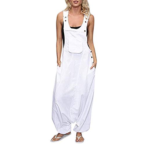 Mujer Verano Peto de Pantalones, Morbuy Moda Talla Grande Casual Largos Ancho Baggy Harem Mono Suelto Bolsillos Overoles Jumpsuit Tirantes Playa Fiesta Noche Oficina Embarazados (L,Blanco)