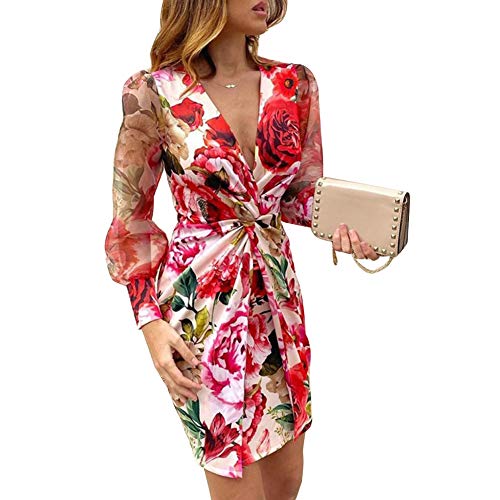 Mujer Vestido Sexy Elegante de Cuello en V Vestidos Delgados de Verano de Manga Larga Transparente con Estampado de Patrones Leopardo/Floral para Casual Boda Fiesta Cóctel Club (Rojo, XL)