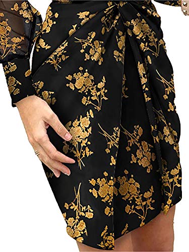 Mujer Vestido Sexy Elegante de Cuello en V Vestidos Delgados de Verano de Manga Larga Transparente con Estampado de Patrones Leopardo/Floral para Casual Boda Fiesta Cóctel Club (Negro, XL)