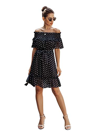 Mujer Vestidos Volantes Sin Tirantes Lunares Vestido Manga Corta Elegante Vestidos De Verano Moda Joven Swing Vestido Midi con Cinturón (Negro,XL)