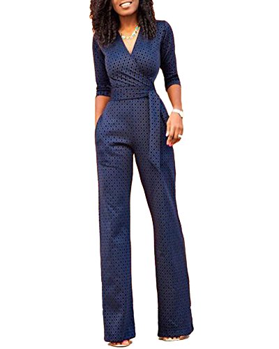 Mujeres 3/4 Mangas Monos Elegante Traje Pantalones Anchos Blusa V Cuello Bodysuit Jumpsuits Marina L